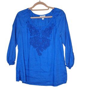 Charter Club Royal Blue Linen Embroidered V Neck Blouse Women Size S